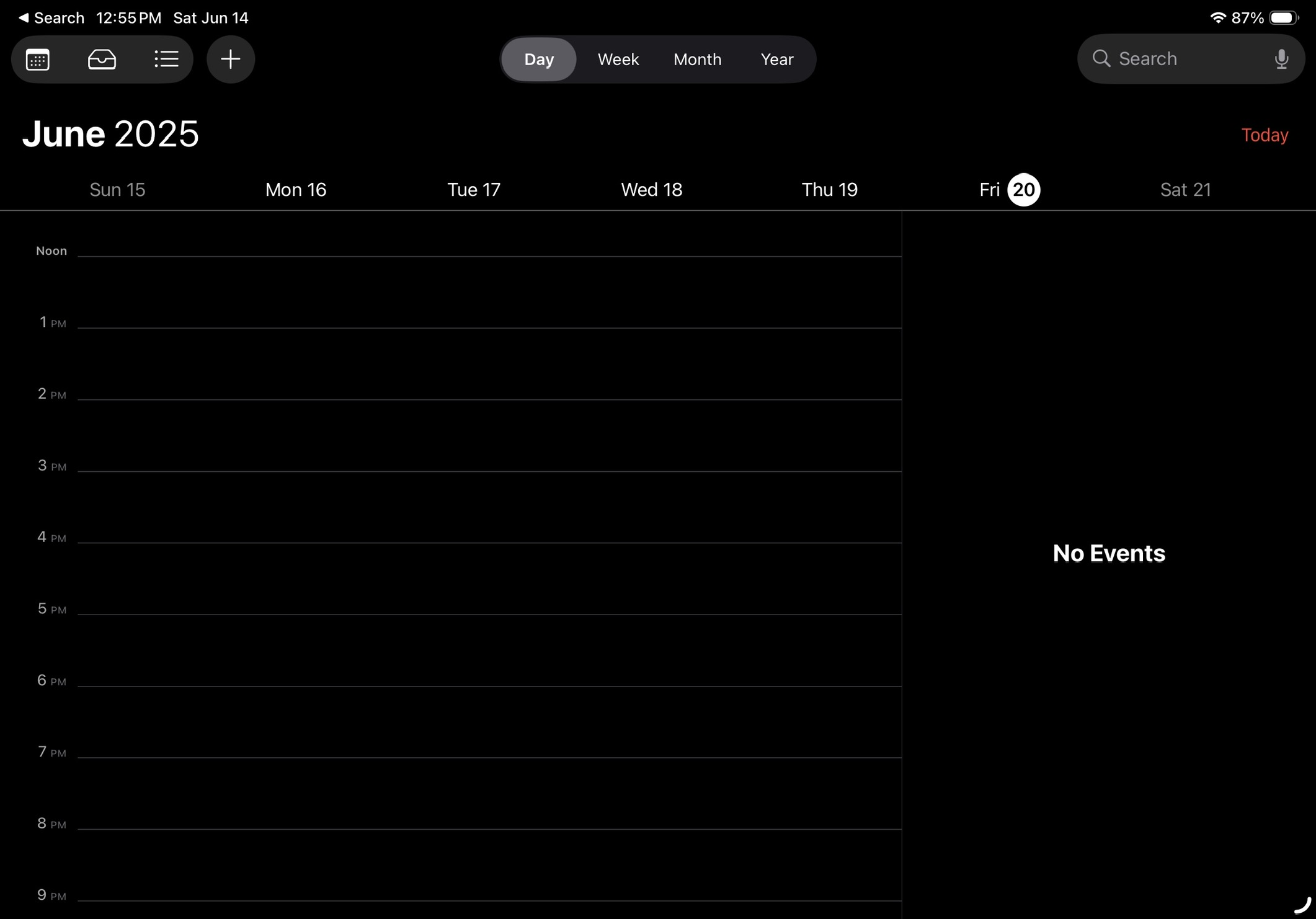 An empty day on the newly designed iPadOS calendar app depicting Friday, June 20th, 2025.