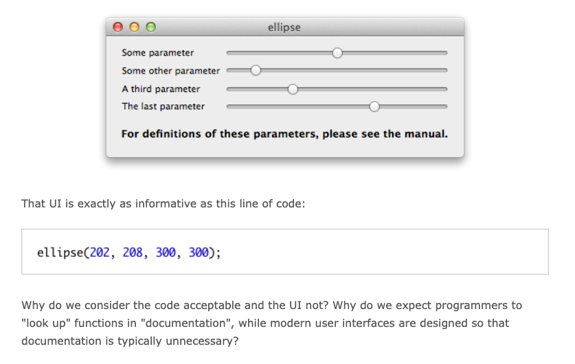 A UI design showing how 3 sliders with no clear labels is essentially the same as calling a function with no argument labels in code.