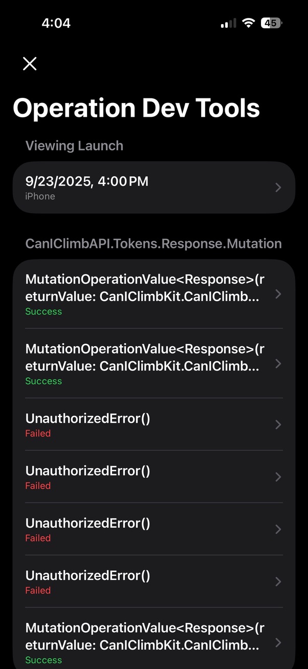 Dev tools showing the results of many operations displayed on a single scrollable list.