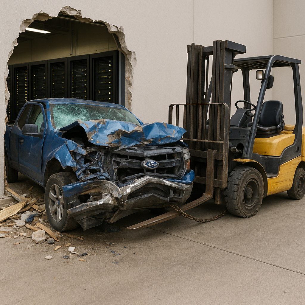An AI generated image of Sean's Ford Pickup Truck crashed into a data center.